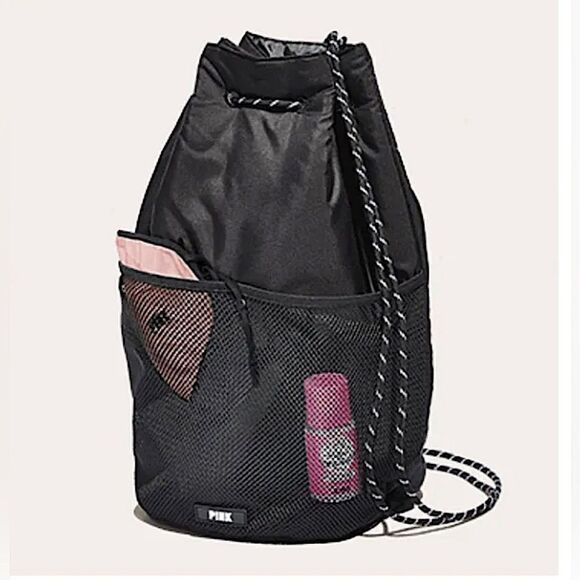 PINK Victoria's Secret Handbags - PINK by Victoria’s Secret Black Cinch Sack bucket Backpack tote purse beach